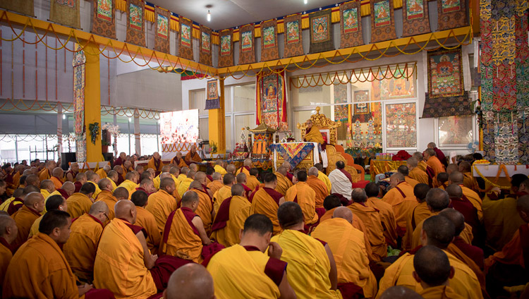 Ein Blick auf den Kalchakra-Pavillion währen dem Vorbereitungsritual für die Ermächtigungen durch Seine Heiligkeit den Dalai Lama in Bodhgaya, Bihar, Indien am 18. Januar 2018. Foto: Manuel Bauer