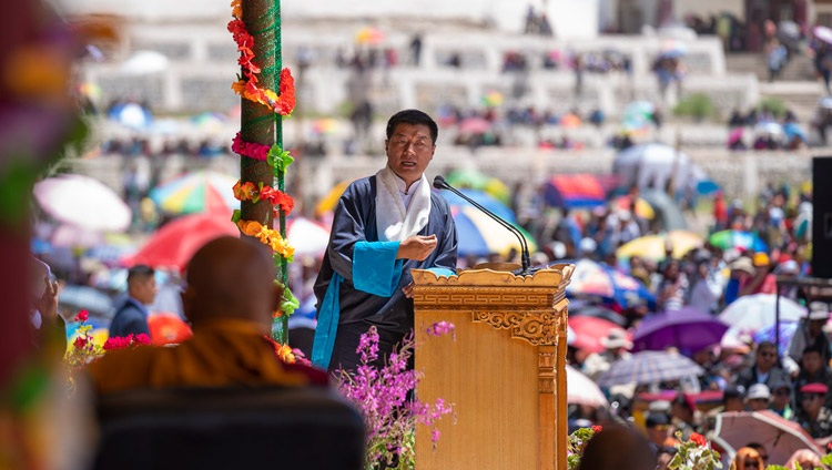 Dr. Lobsang Sangay, Präsident der tibetischen Zentralverwaltung spricht anlässlich des 83. Geburtstages Seiner Heiligkeit des Dalai Lama in Leh, Ladakh, J&K, Indien am 6. Juli 2018. Foto: Tenzin Choejor