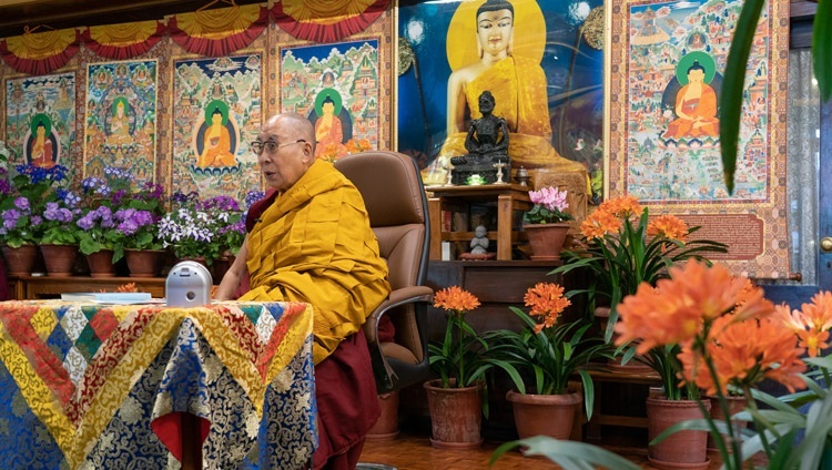 Seine Heiligkeit der Dalai Lama unterweist über Die Vier Edlen Wahrheiten & Die Zwei Wahrheiten. In Dharamsala, HP, Indien am 7. April 2021. Foto: Ehrw. Tenzin Jamphel