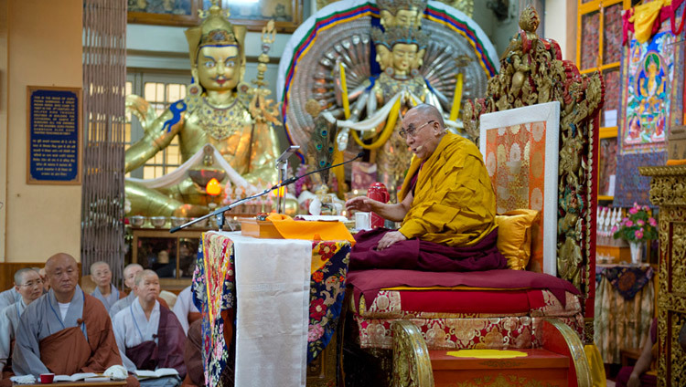 His Holiness the Dalai Lama teaching at the Main Tibetan Temple at the request of a group of Korean Buddhist in Dharamsala, HP, India on August 27, 2013. (Photo by Tenzin Choejor/OHHDL)